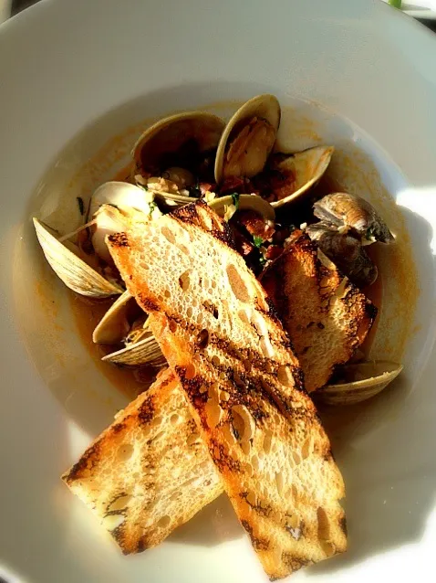 Snapdishの料理写真:Little neck clams, chorizo, crostini|Chrisさん