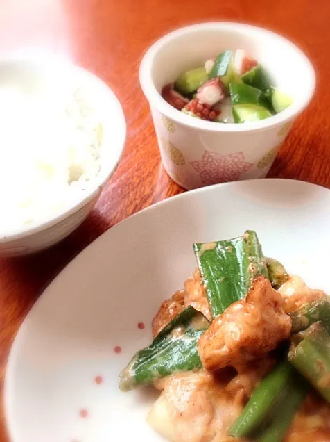 Snapdishの料理写真:豚肉とネギの味噌マヨ炒め、タコとキューリの和風ドレッシング和え|えいみさん