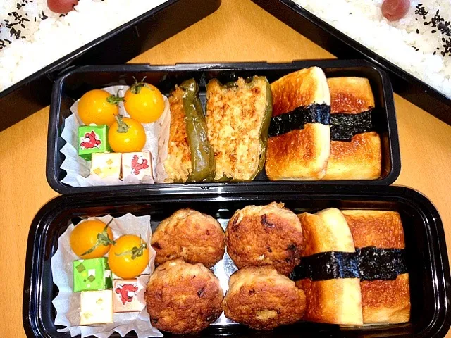 男弁当×２  ピーマン肉詰めorミニバーグ・ハンペン磯辺焼き・チーズ・イエロートマト|chyawaさん