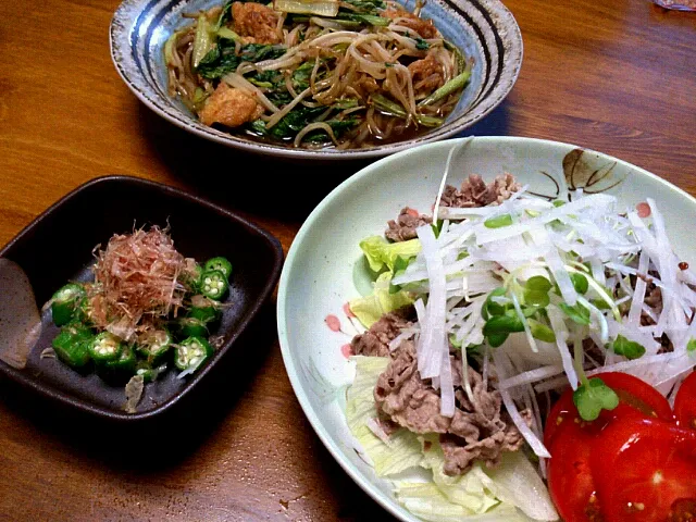 冷しゃぶ   野菜の一味炒め  オクラのおかかのせ|おはぎさん