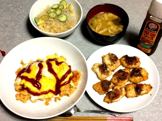 オムライス•ささ身梅紫蘇あげ•春雨サラダ•味噌汁|うるしちかさん