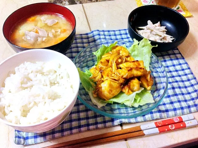 鶏むね肉の甘酢炒め、ゴボウとツナの梅マヨ和え、豚汁|wakanowさん