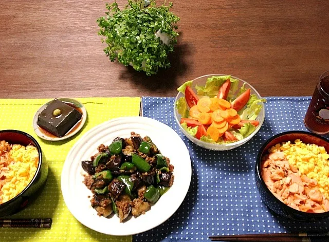 茄子とピーマンの肉味噌炒め、胡麻豆腐、人参とトマトのサラダ、鮭と卵のそぼろ丼|pentarouさん