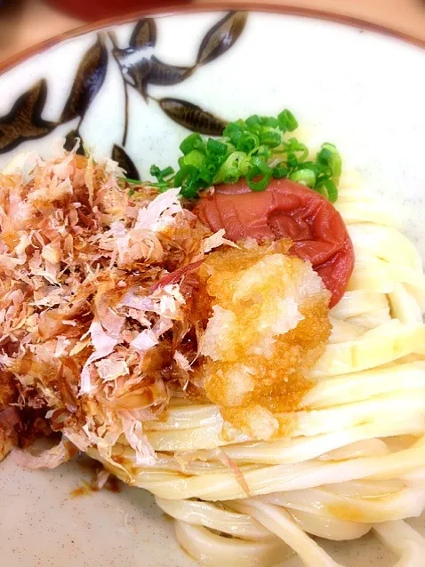 Snapdishの料理写真:夏バテ解消！？ カツオ梅干ししょうゆうどん。  仲通り商店街の名麺店！ 「いわい」さんは運がいいと茹で上げをいただけます。ズルズルムシャムシャ。夏バテから少し復活できたかも(⌒▽⌒)|gonさん