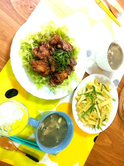 油淋鶏とポテトとピーマンの中華炒めとナスの中華スープ|あだむさん