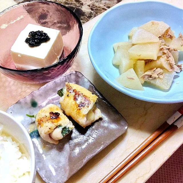 塩麹ささみのしそチーズ巻き、大根とシーチキンの煮物、冷奴|wakanowさん