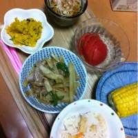 ＊チンジャオロース  ＊かぼちゃサラダ  ＊冷やしトマト  ＊ちょこっと素麺  ＊トウモロコシ|ミリィままちゃんさん