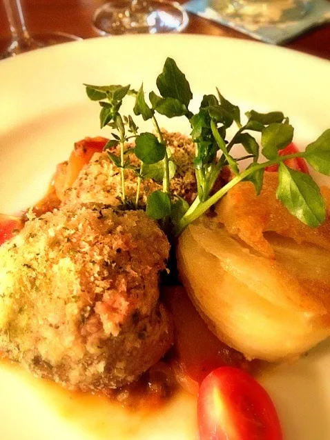 lemon and parmesan crusted. veal tenderloin w caponata and potato gratin|lauren shannonさん