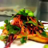 seared salmon with root veg. slaw, citrus and edamame