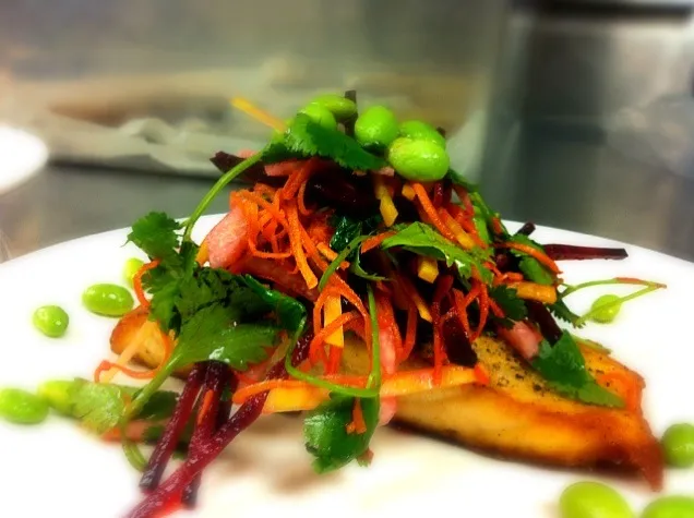 seared salmon with root veg. slaw, citrus and edamame|aaron martinさん