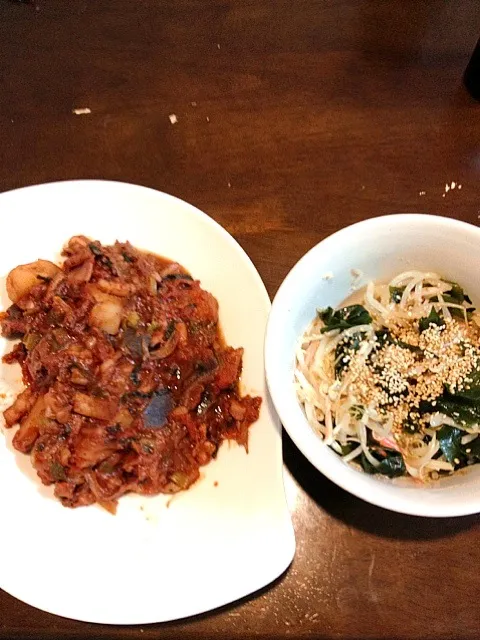 イカと野菜のトマト煮  もやしとワカメ、カニ足のポン酢和え|やなさんさん