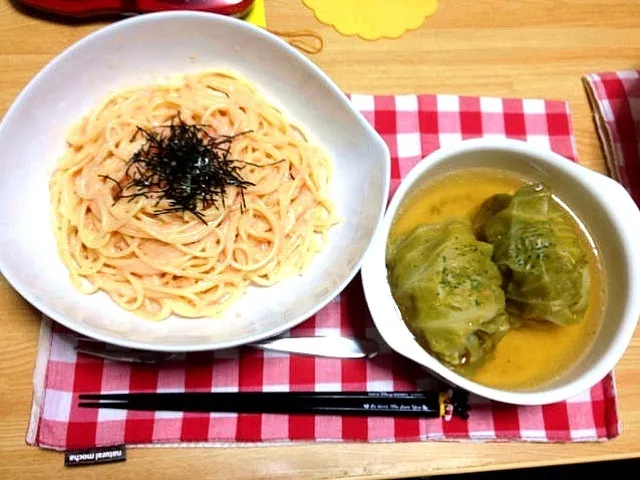 Snapdishの料理写真:明太クリームパスタ，ロールキャベツ|ayappeさん