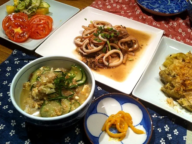 冷汁  焼きなす  イカとしめじの塩焼き  トマト  サラダ  イカウニ|高田恵子さん