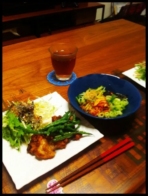 からあげ、いんげん素揚げ、和風サラダ、こんにゃく冷麺|二宮みさきさん