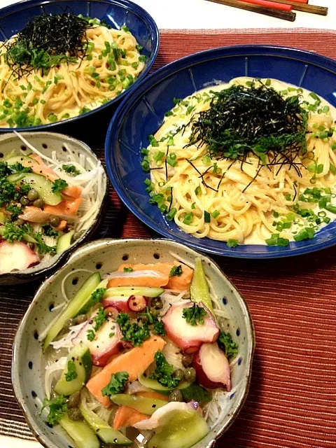 サーモンマリネのサラダと明太子クリームパスタ|かずさん