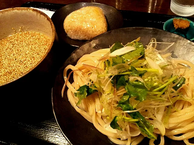 ごまつけ汁うどん、たぬきおにぎり|ブービンさん