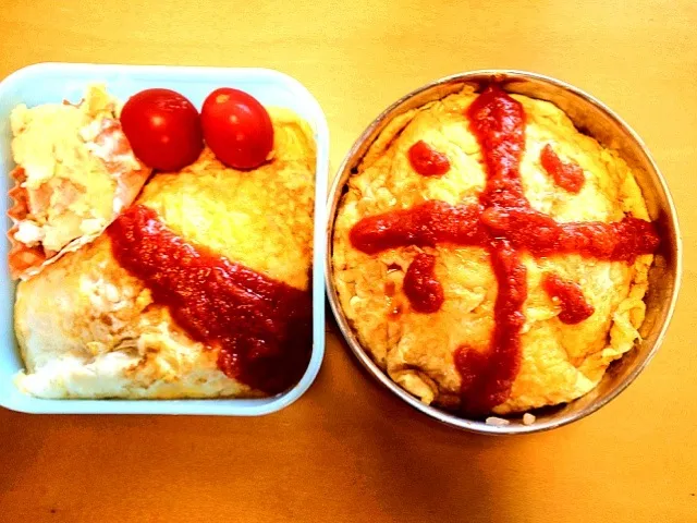 Snapdishの料理写真:夏休み、学童保育弁当＆中学生弁当。オムライスです。|松浦有里さん