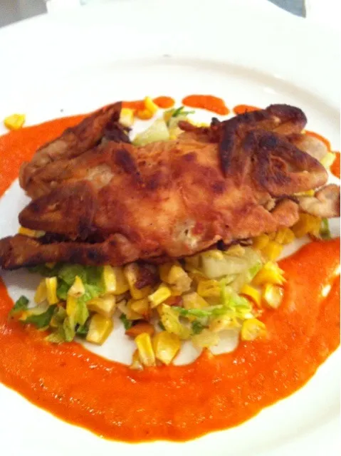 Snapdishの料理写真:softshell crab with corn relish and red pepper sauce|Christine pavelkaさん