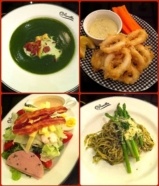 Spinach Soup, Calamari Fritters, Chef Salad & Linguini Pesto Sauce  with Asparagus|nicky tangさん