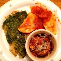 garden pesto chicken with handmade spinach ravioil and eggplant parmesan ramekin|Jacquelineさん