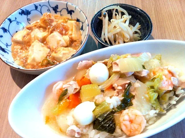 中華丼 麻婆豆腐 モヤシのナムル|きむらゆりかさん