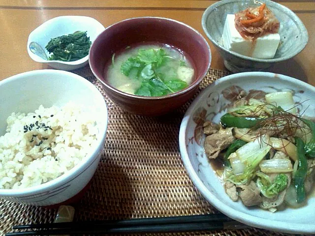 玄米ご飯、豚肉とお野菜のオイスターソース炒め、春菊のお浸し、キムチやっこ、納豆とあげ&三つ葉のお味噌汁|ミコさん