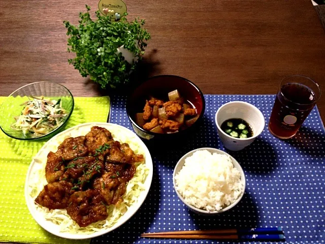 豚肉の生姜焼、スルメとミョウガときゅうりのサラダ、イカ天と大根の煮物、もずく酢オクラのせ|pentarouさん