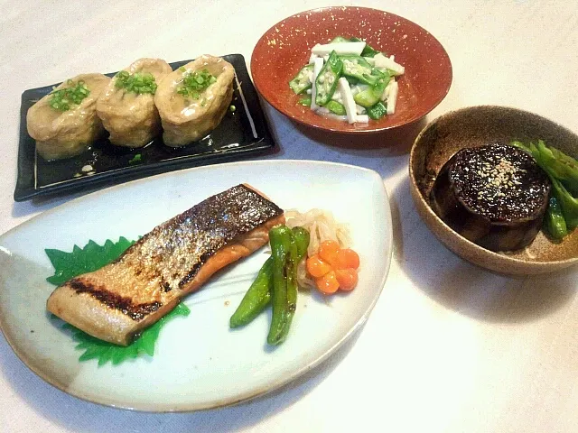 鮭のレモン醤油焼き・米茄子の田楽・いなり煮・長芋とオクラのわさび和え|noningさん