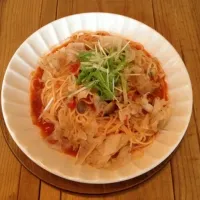 豚肉と花かつおのトマトパスタ|とぅかはらさん