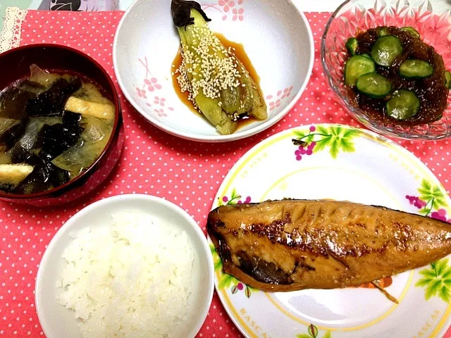 Snapdishの料理写真:さばのみりん干し&焼きなす&もずく|おんこさん