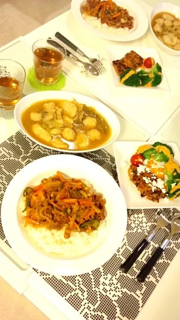 焼肉丼、鰯のつみれ鍋、サラダ|ふるかわしおりさん