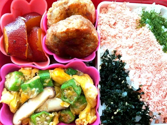 Snapdishの料理写真:オクラの卵とじとハンバーグ弁当|もえさん