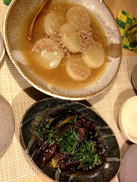 茄子の揚げ浸し、大根とミンチの煮物|popoさん