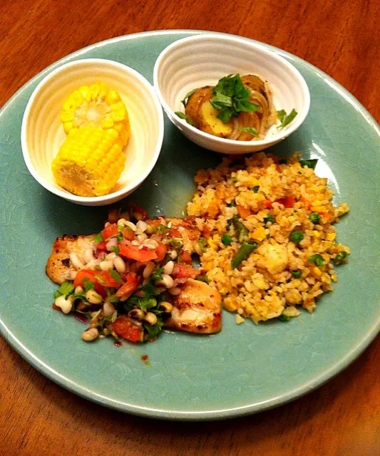 Snapdishの料理写真:milk fish with tomato beans salsa, basil potato, and stir fried rice|Yoshinaさん