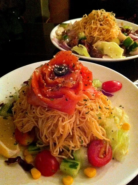 smoked salmon pasta with vegetables salad|PeonyYanさん