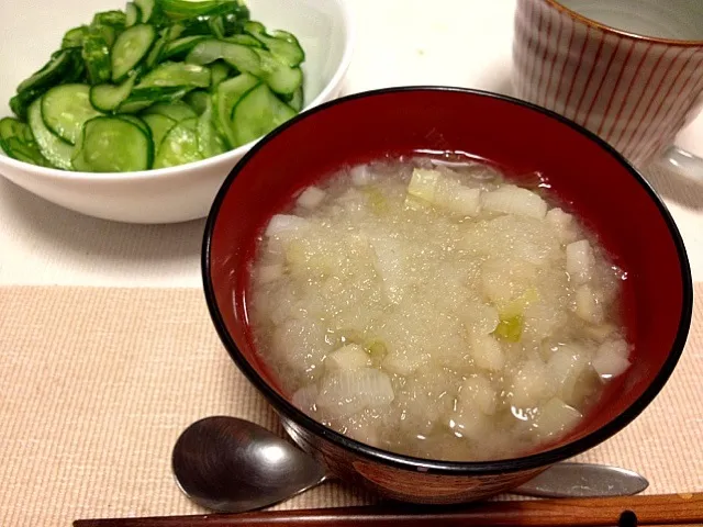 大根蓮根ねぎのスープ、きゅうりの塩漬け|ひろみさん