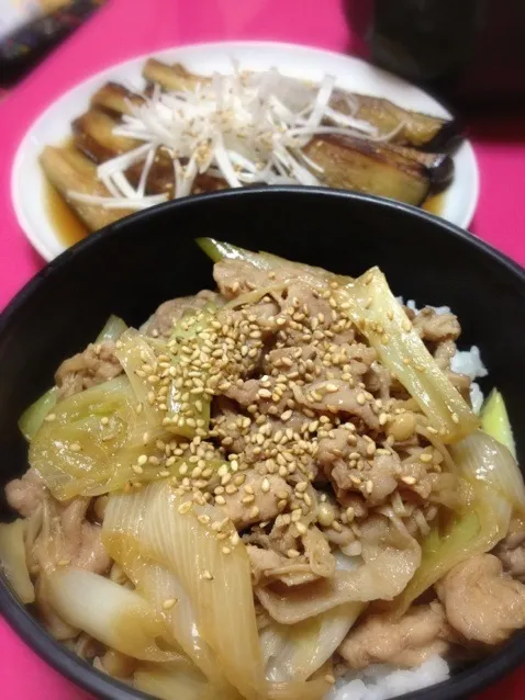 豚肉丼となすびの焼き浸し|くろねこっく🐈‍⬛さん