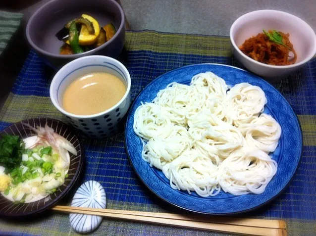 胡麻だれ素麺、夏野菜の揚浸し、切り干し大根のアラビアータ|takoさん