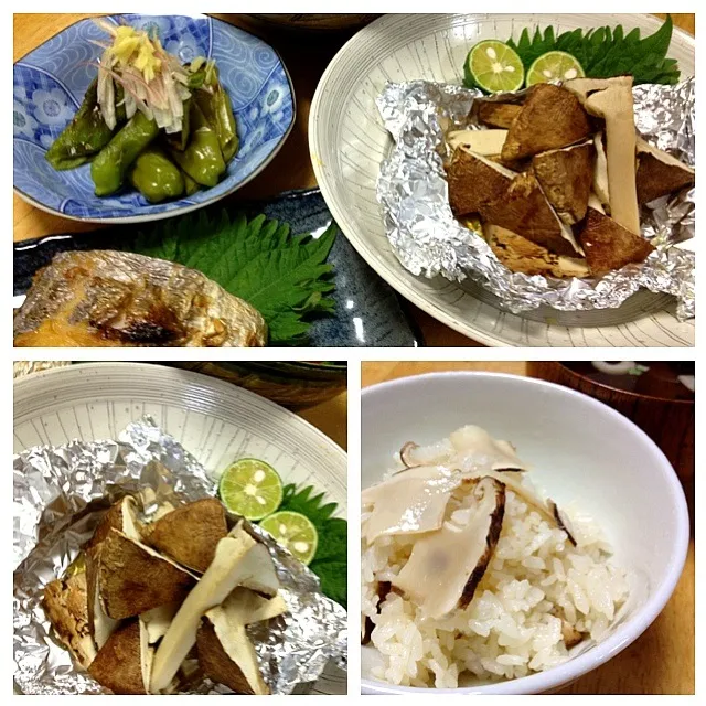 Snapdishの料理写真:松茸のホイル焼、太刀魚の塩焼き、万願寺唐辛子の焼いたん、サラダ、松茸ご飯|keikoさん