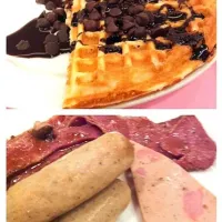 Waffles with chocolate toppings and Bacon , Ham , Cheese and sausage|Sharfinaさん