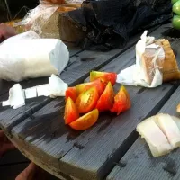 Snapdishの料理写真:Goat cheese, pork fat and not-so-ripe tomatoes|ibzさん