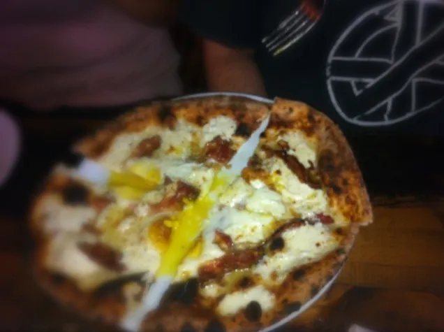 Pizza with eggs and pancetta|lisa maloneyさん