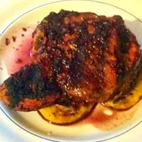 smoked pork chop over grilled polenta with red wine reduction|kateさん