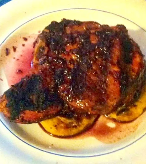 smoked pork chop over grilled polenta with red wine reduction|kateさん