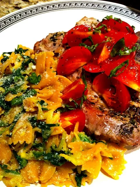 Grilled Pork Chop and Carrot-Squash Pasta w/Yellow Squash and Spring Raab|Maria Reinaさん