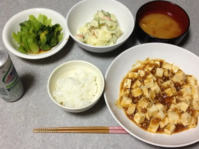 麻婆豆腐•ぽてサラ•ちんげん菜お浸し|うるしちかさん