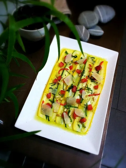 zucchini carpaccio with tomato,pickled chili,pine nuts|rick chanさん