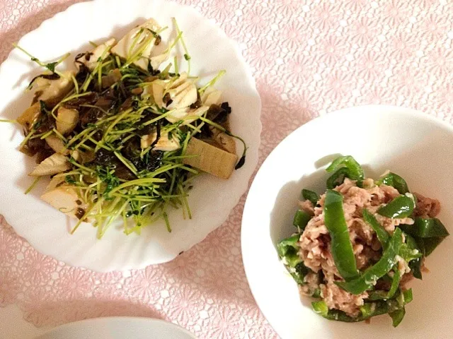 豆苗とタケノコの高菜炒め＊ピーマンとツナの塩麹あえ|aiaiさん