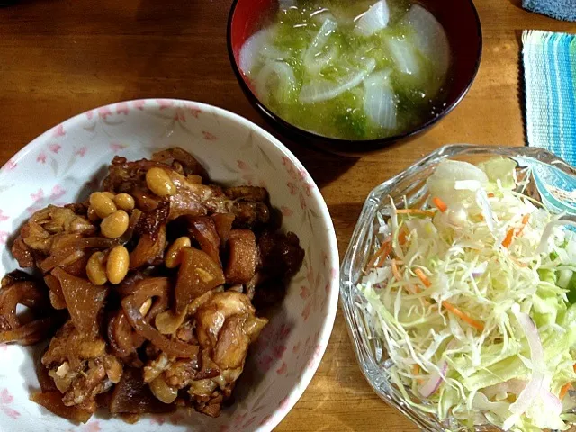 鶏肉のさっぱり煮、アーサーと大根とタマネギのみそ汁|すかラインさん