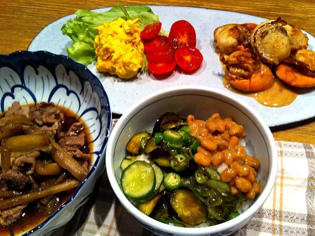 ネバネバ丼   カボチャサラダ  芋がらの炒め煮   サラダ  とま|高田恵子さん